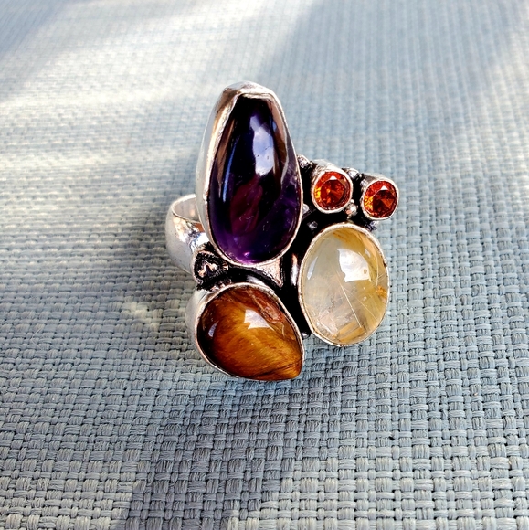 New Amethyst, Golden Rutile, Tiger Eye and Garnet 925 Silver Ring. - Picture 15 of 15